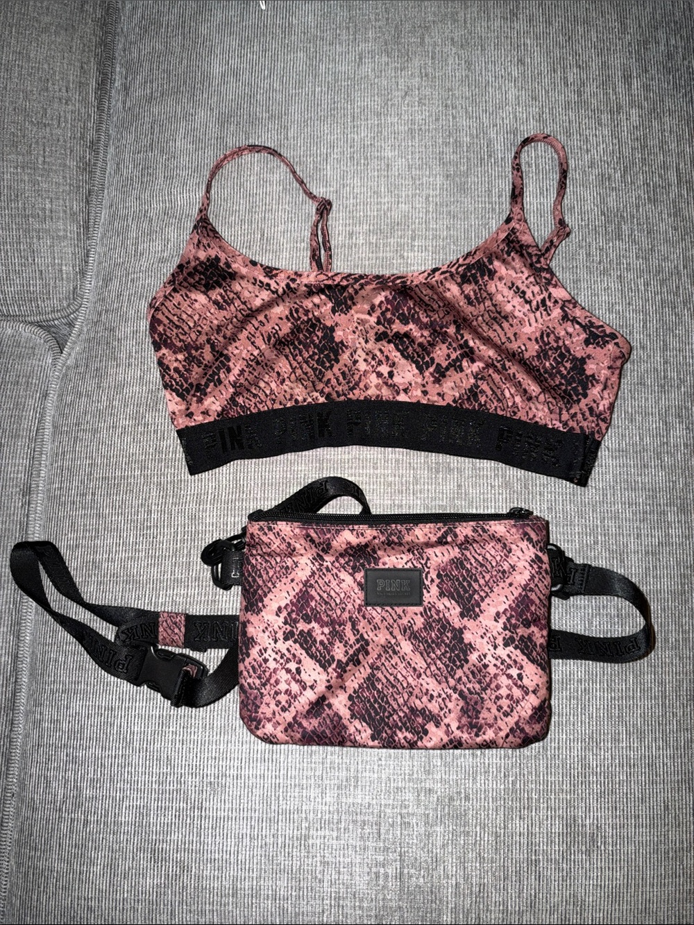 PINK Victoria's Secret SPORTS BRA and Matching Snake-Print Crossbody Bag in Rose